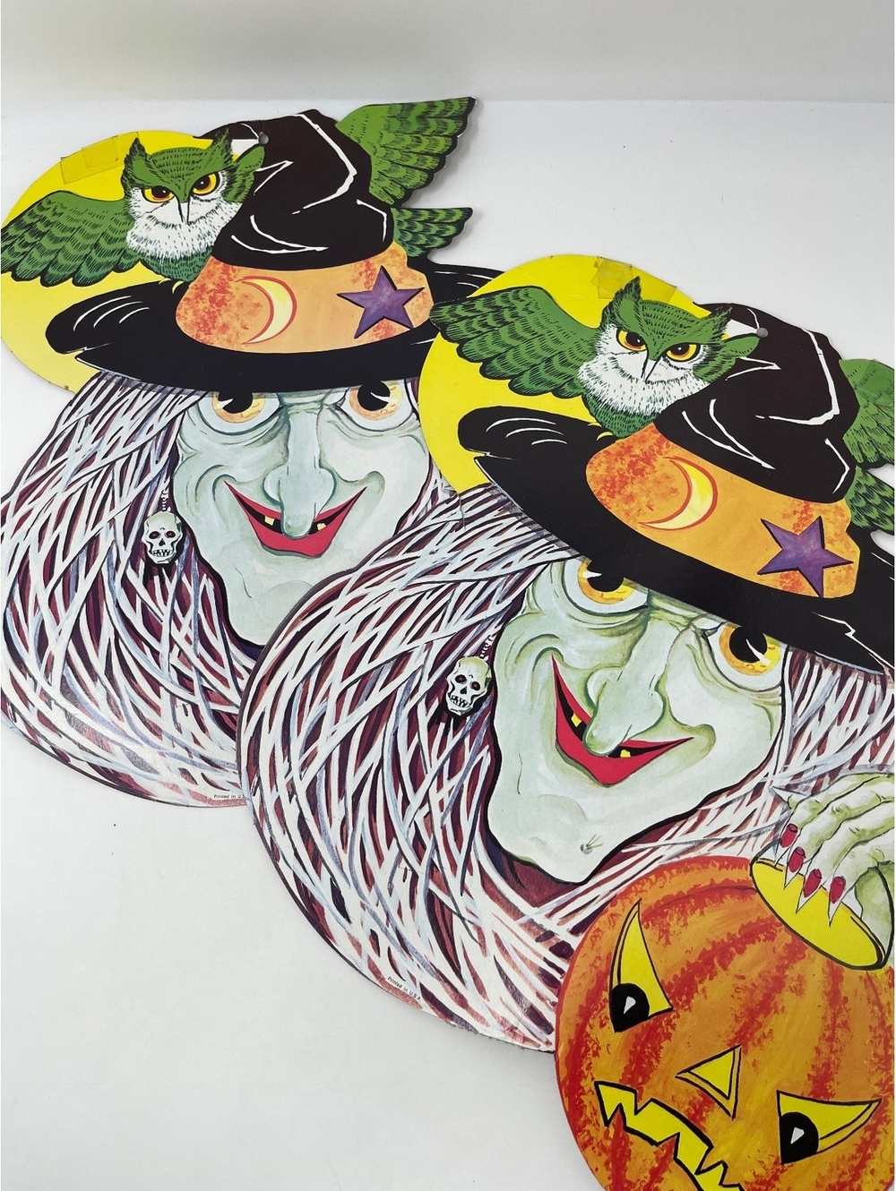 Vintage Halloween Witch Owl Cardboard Die Cut Wall Decor Pumpkin Set Lot of 2